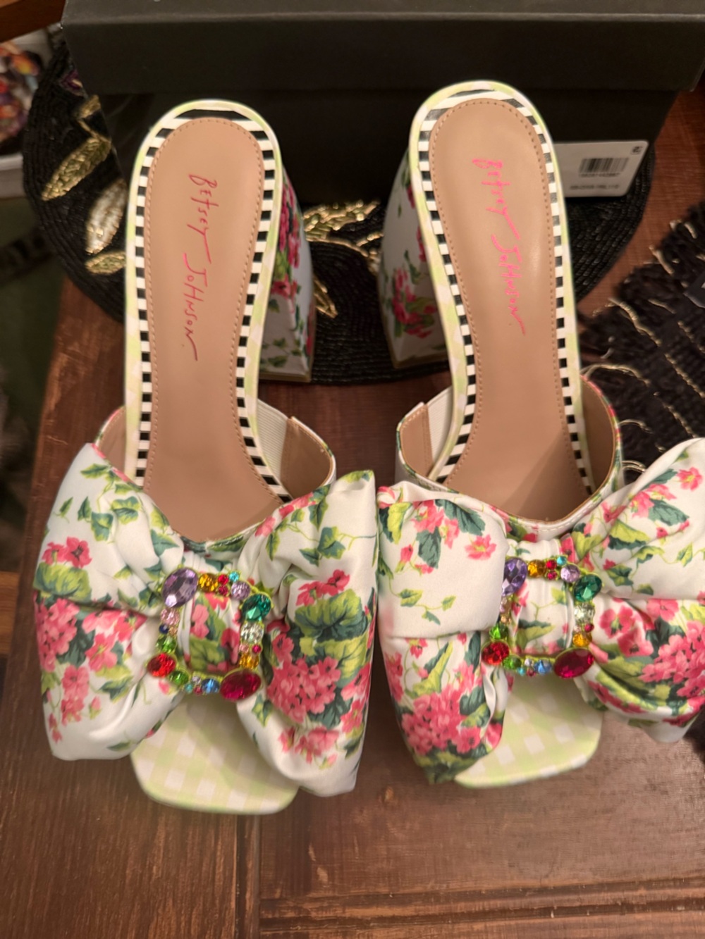 Betsey Johnson White Floral Bow Slide Mules with Multicolored Jewels